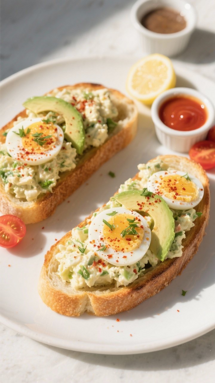 Tasty top view (final dish): Overhead shot of two Egg Salad Breakfast Boats on a matte white platter
