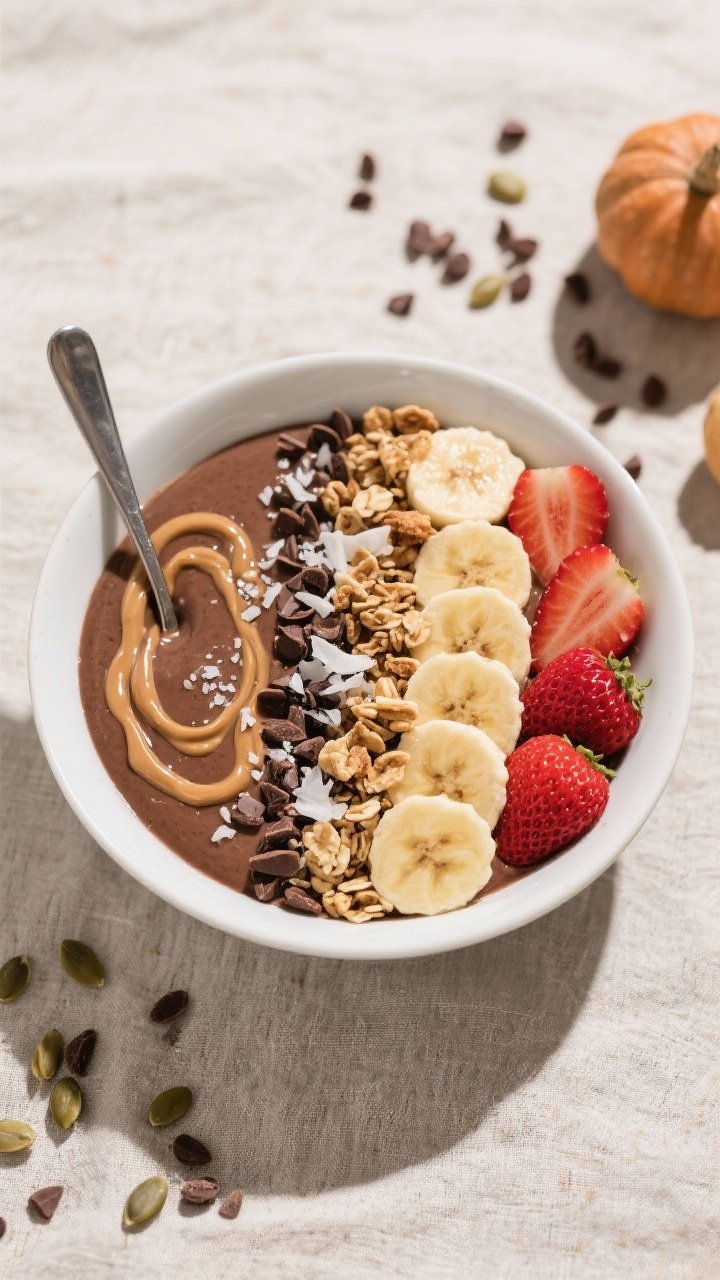 Tasty top view – final garnished bowl: Overhead shot of a finished Chocolate Peanut Butter Power S