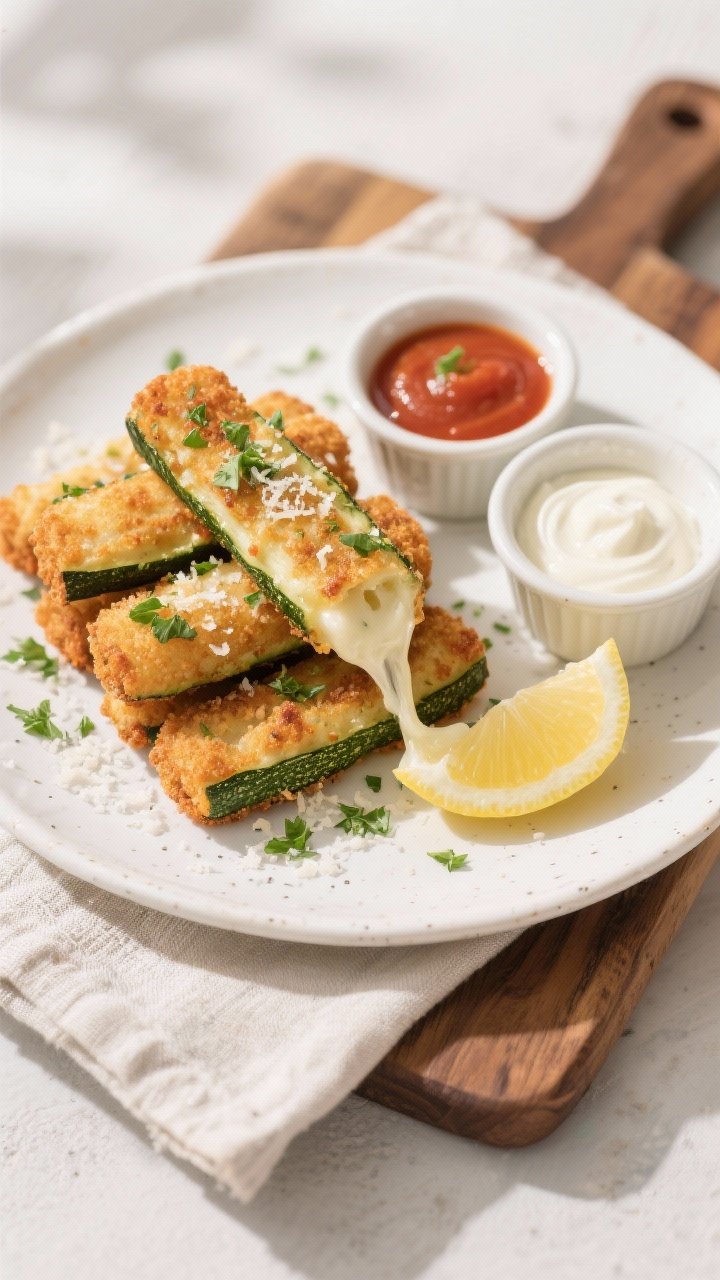 Tasty top view: Final plated Zucchini & Cheese Sticks arranged in a neat stack on a white ceramic pl