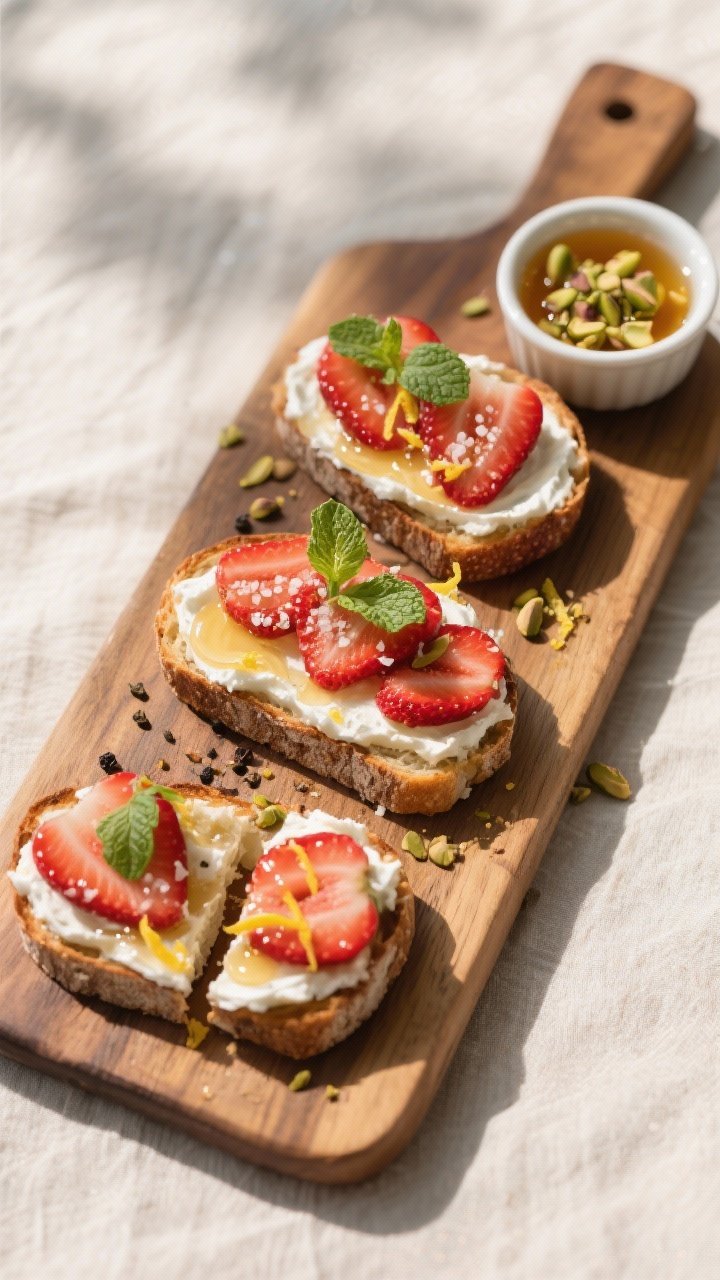 Tasty top view final platter: Overhead shot of a rustic wooden board with three finished ricotta toa