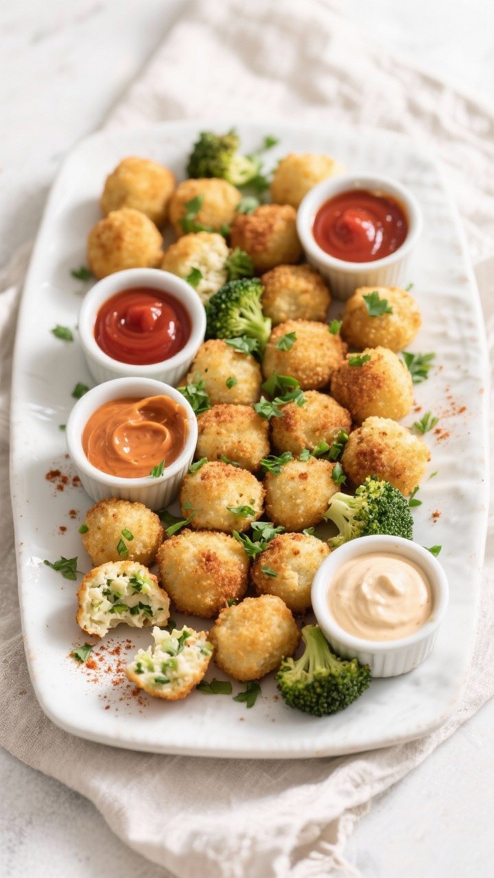 Tasty top view, final presentation: Overhead shot of a platter of Cauliflower & Broccoli Tots arrang
