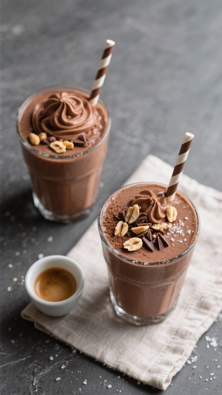 Tasty top-view final presentation: Overhead shot of two finished peanut butter cup smoothies in chil