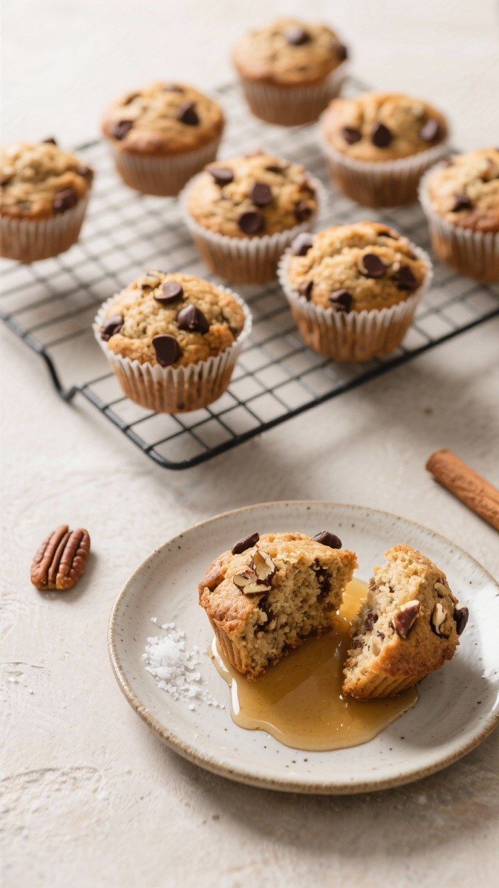 Tasty top view final presentation: Overhead shot of a breakfast scene with 6 cooled muffins on a wir
