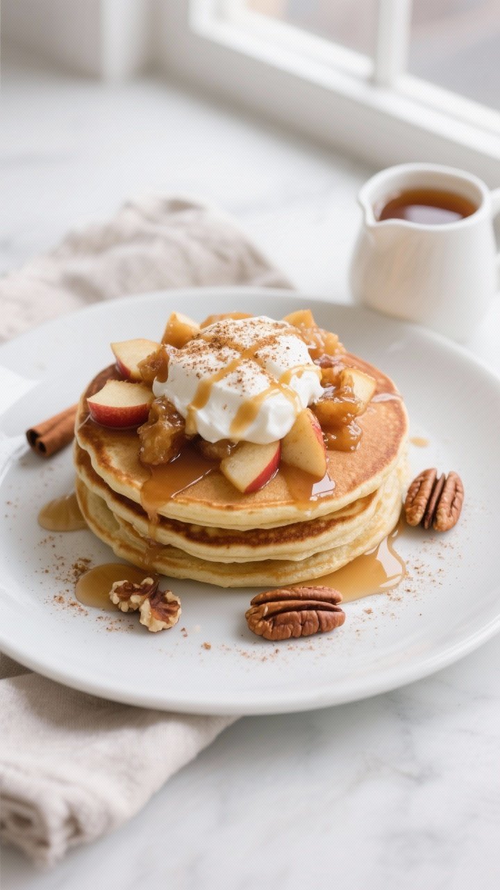 Tasty top-view final presentation: Overhead shot of a breakfast plate featuring a neat stack of appl