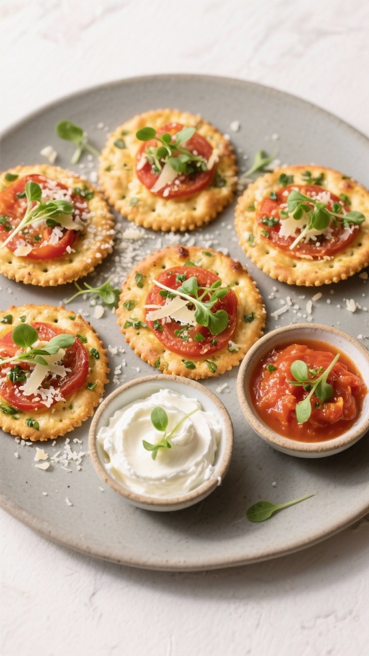 Tasty top view: Finished microgreen pizza crackers arranged on a matte ceramic platter for serving, 