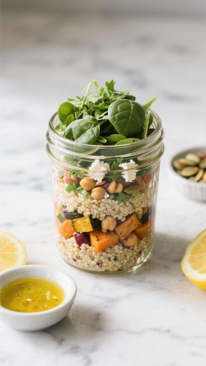 Tasty top view – Layered quinoa & roasted veggie jar assembly: Overhead shot of wide-mouth pint ja