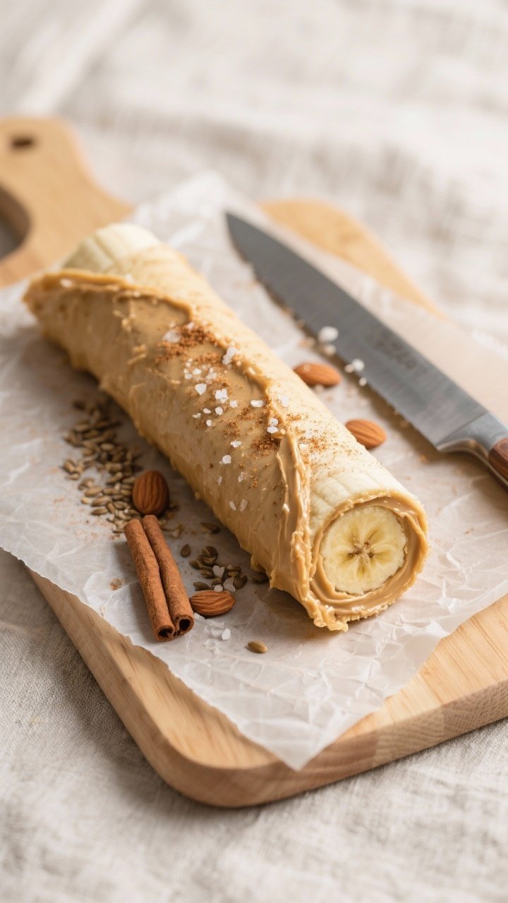 Tasty top view (overhead): An unsliced Almond Butter Banana Roll-Up on a wooden cutting board, tight