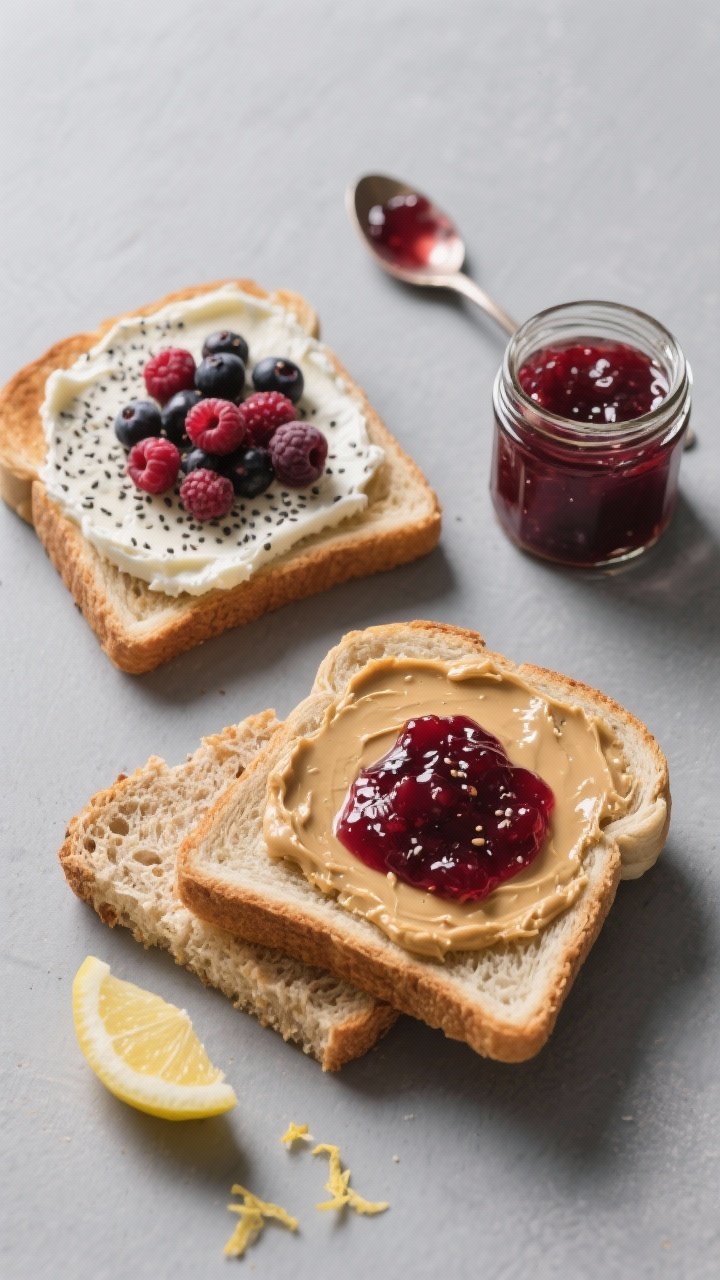Tasty top view, overhead breakfast scene: Top-down shot of two toasts—one with cream cheese + chia