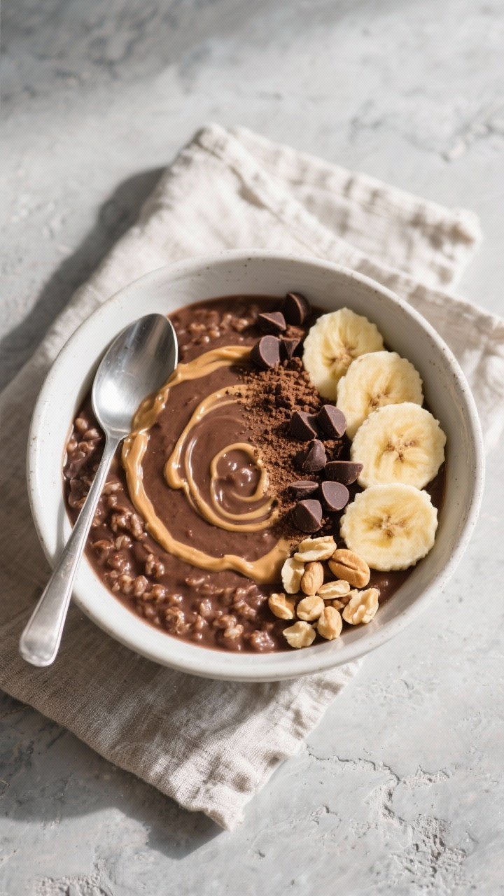 Tasty top view, overhead: Overhead shot of a bowl of Chocolate Protein Oatmeal finished and ready to