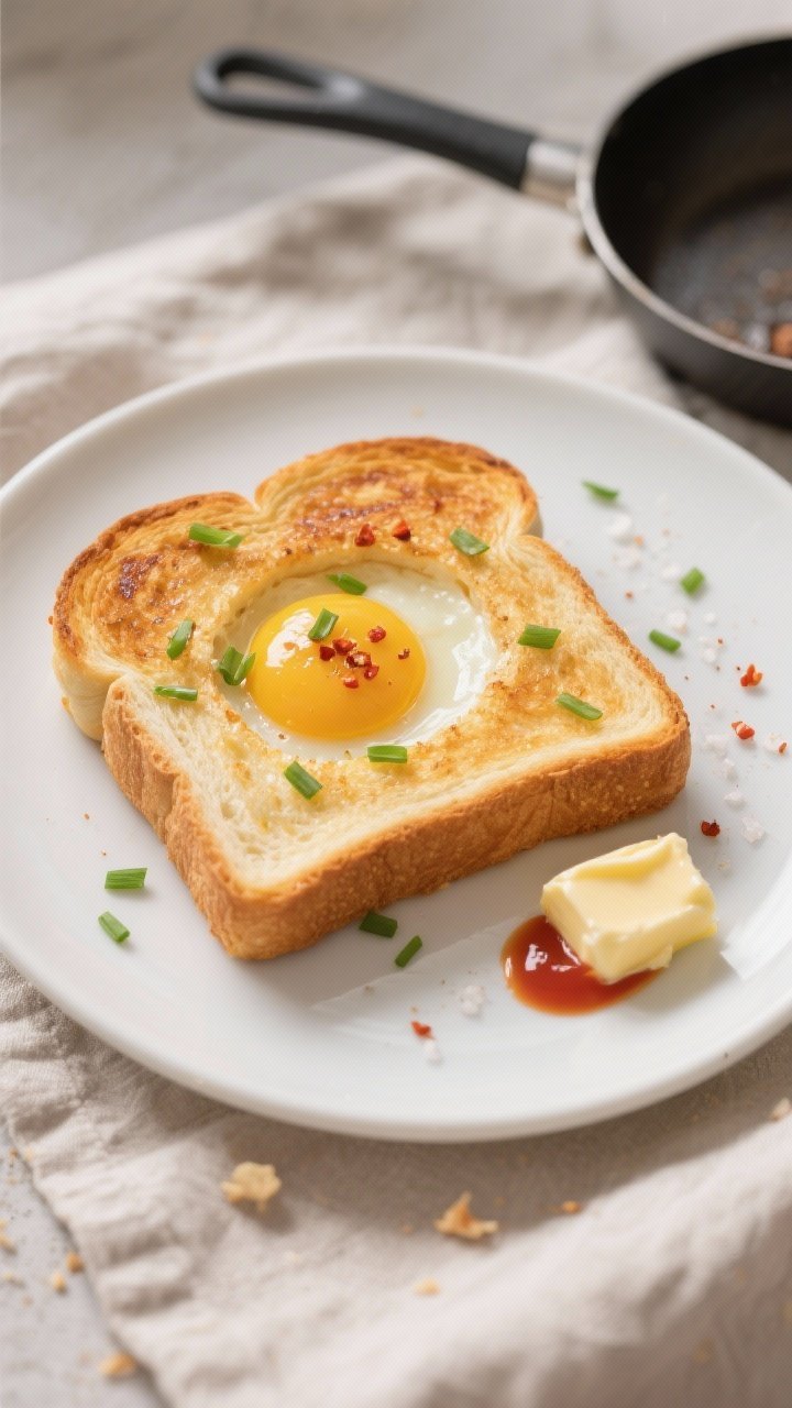 Tasty top view, overhead: Overhead shot of a finished Egg-in-a-Hole on a matte white plate, golden, 