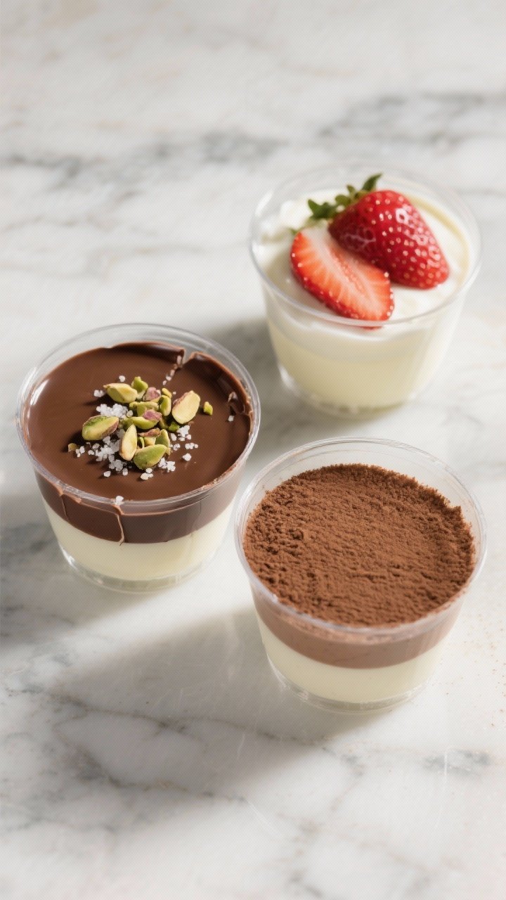Tasty top view (overhead): Overhead shot of Chocolate-Dipped Strawberry Yogurt in two small clear de