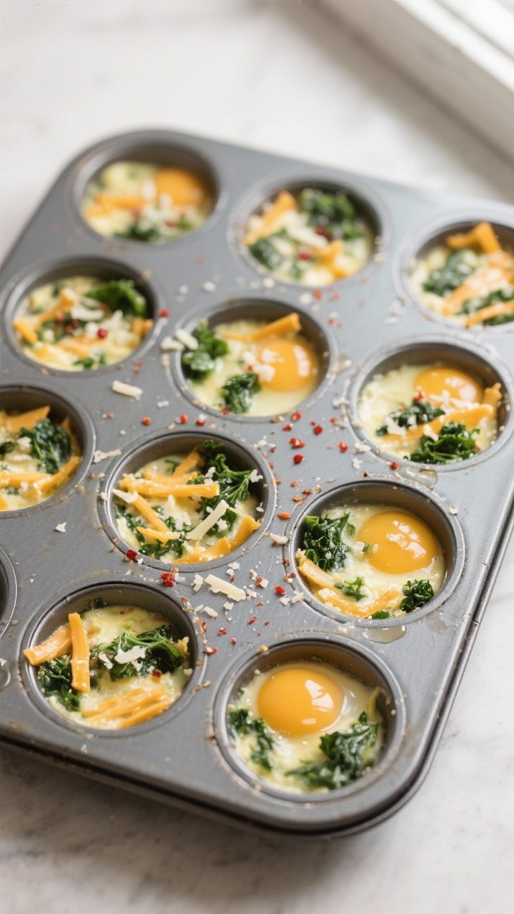 Tasty top view, overhead shot: A 12-cup muffin tin filled 3/4 with the egg mixture for Kale & Cheese