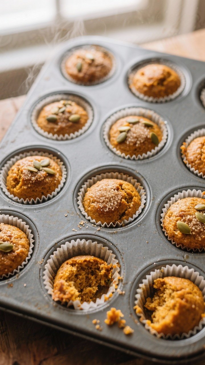 Tasty top view: Overhead shot of a 12-cup muffin tin fresh from the oven, domed Amaranth Pumpkin Muf