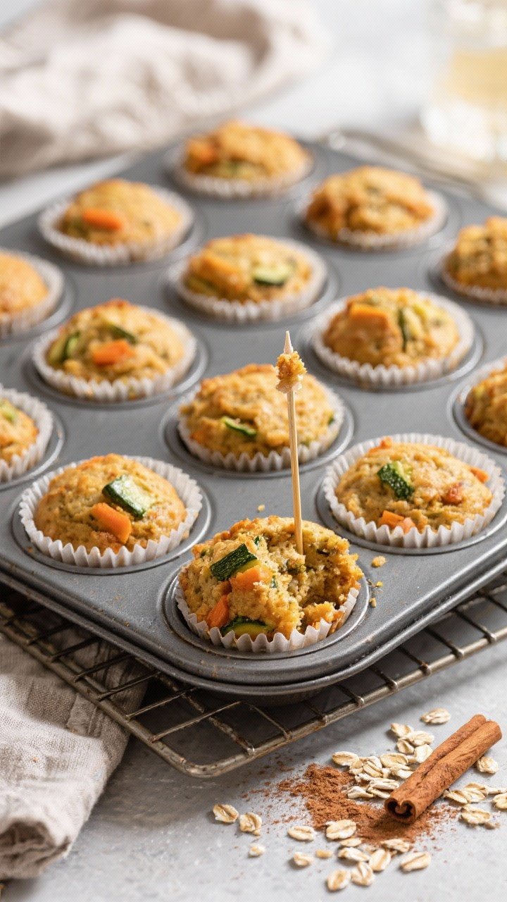 Tasty top view: Overhead shot of a 12-cup muffin tin filled with golden-brown zucchini carrot protei