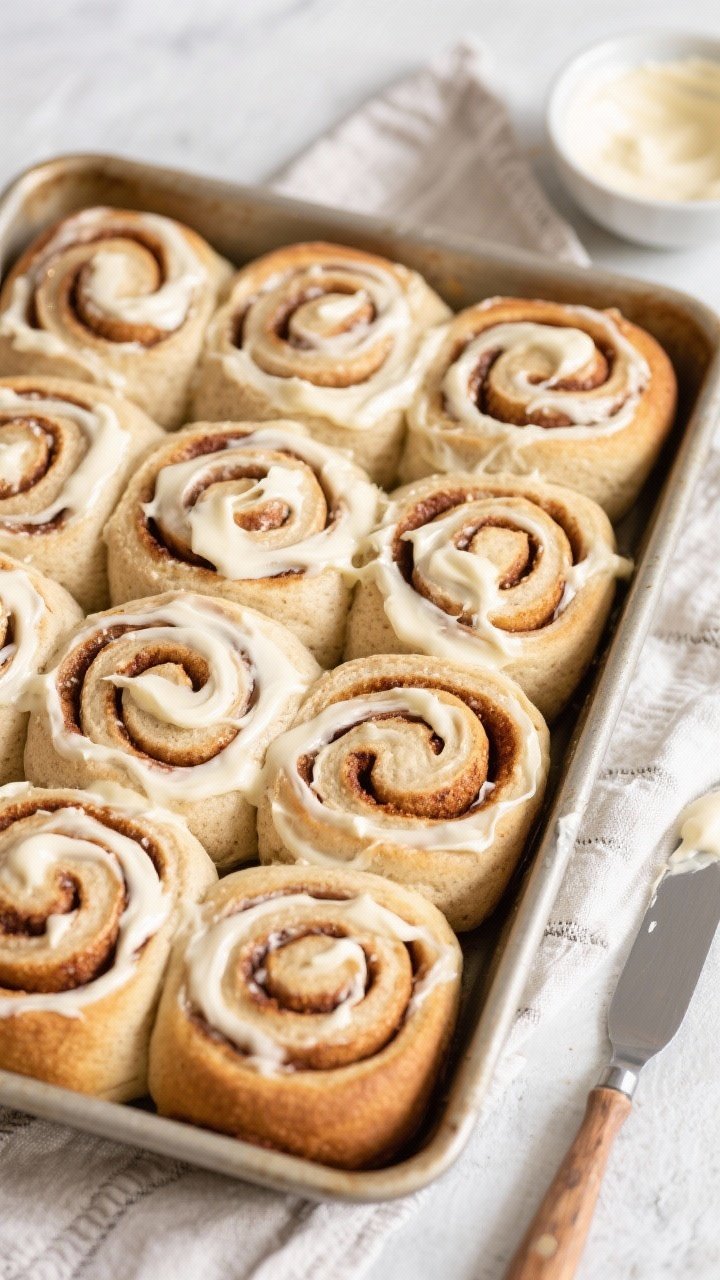 Tasty top view: Overhead shot of a 9x13 pan of freshly baked whole-wheat cinnamon rolls just iced—