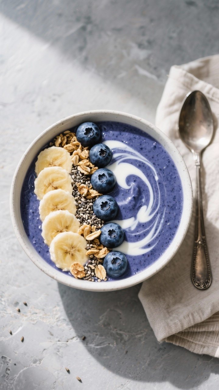 Tasty top view: Overhead shot of a Blueberry Oatmeal Smoothie bowl (thick, spoonable) with a deep in