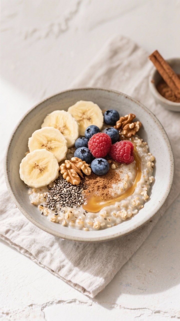 Tasty top view: Overhead shot of a bowl of Sweet Cinnamon Quinoa Porridge topped with fanned sliced 
