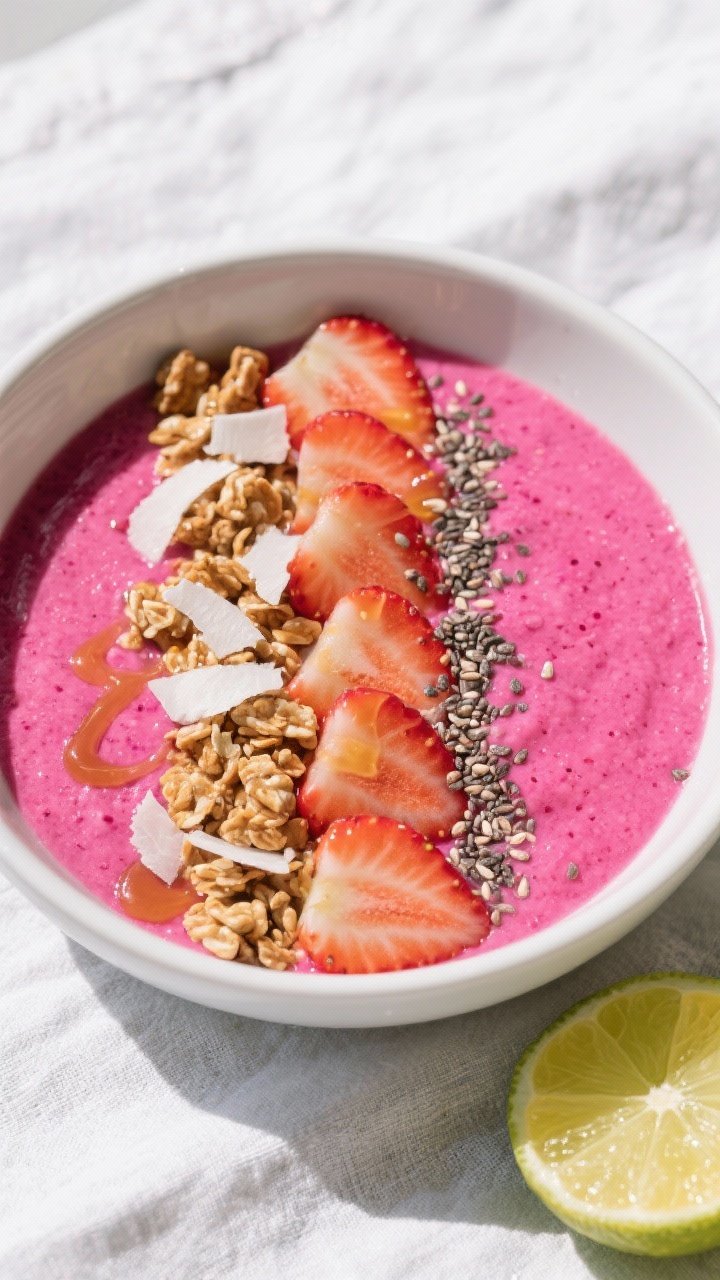 Tasty top view: Overhead shot of a breakfast bowl version of the Dragon Fruit Yogurt Smoothie, vibra