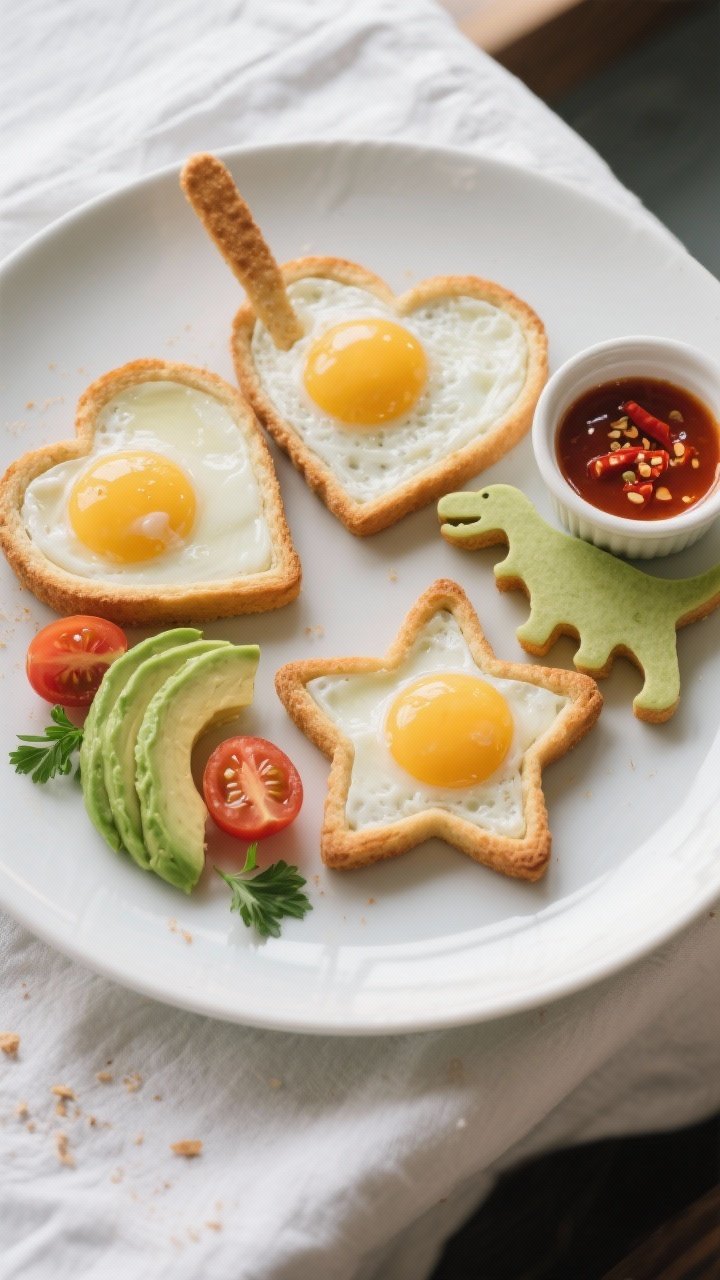 Tasty top view: Overhead shot of a breakfast plate featuring three cookie-cutter shapes—heart, sta