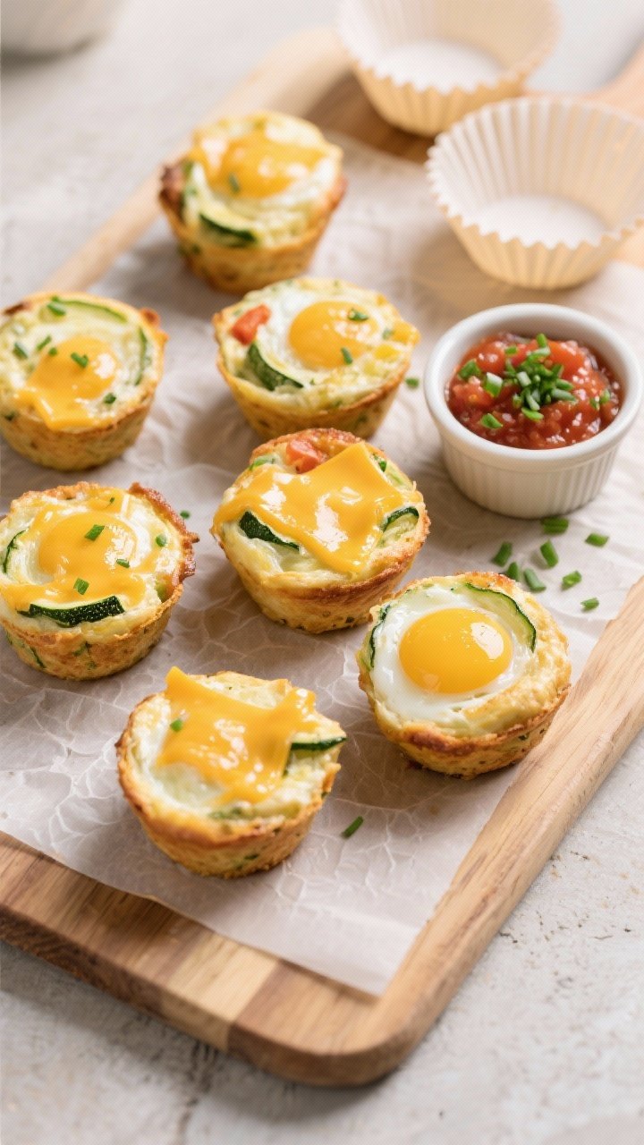 Tasty top view: Overhead shot of a breakfast spread featuring 6 baked veggie egg muffins on a parchm