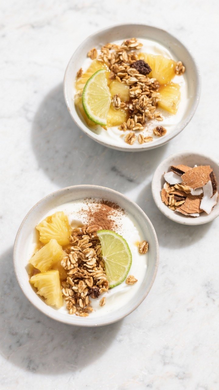 Tasty top view: Overhead shot of a brunch-ready spread featuring two bowls of Pineapple Upside-Down