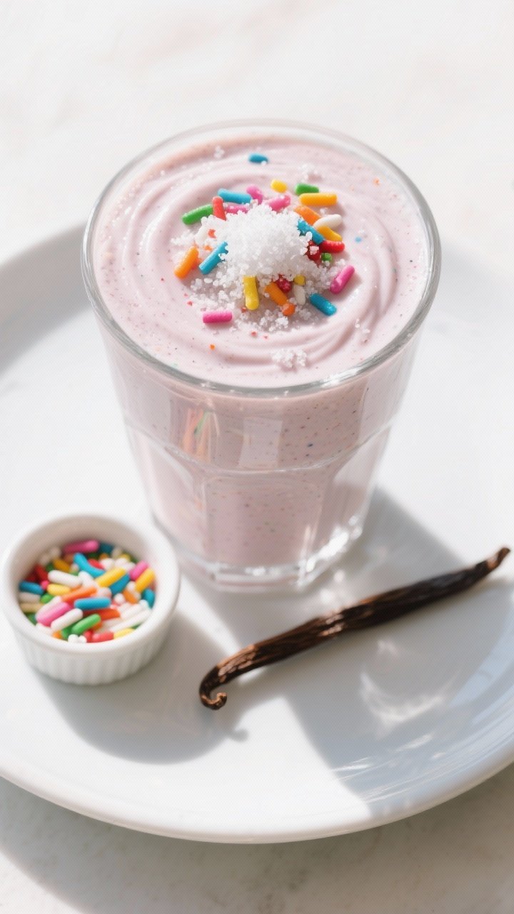 Tasty top view: Overhead shot of a chilled glass filled to the brim with the Funfetti Smoothie, topp