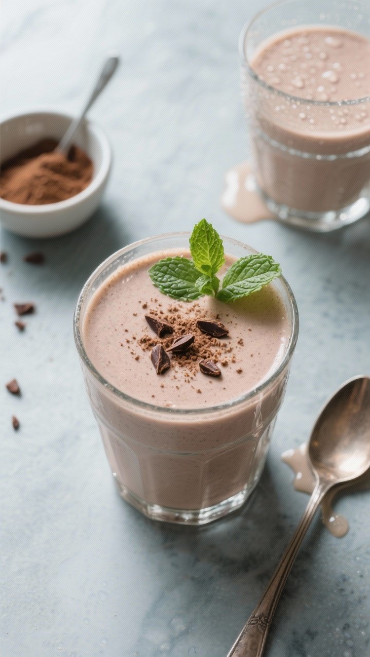 Tasty top view: Overhead shot of a chilled glass filled with the Thin Mint Smoothie, smooth surface 
