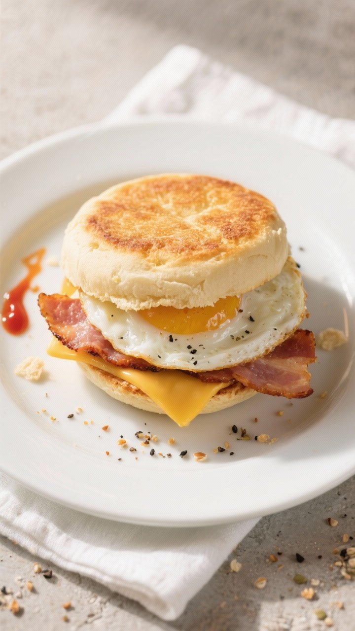 Tasty top view: Overhead shot of a Classic Diner breakfast sandwich assembled on a matte white plate