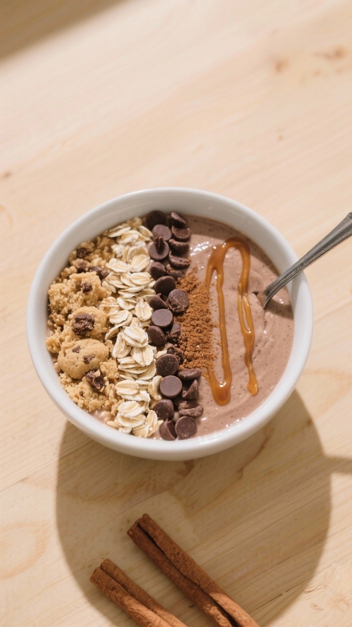 Tasty top view: Overhead shot of a Cookie Dough Smoothie bowl variation (extra thick) with a spoon s