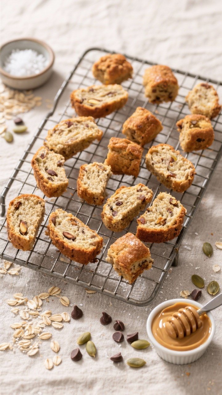Tasty top view: Overhead shot of a cooling rack filled with triticale banana bread bites, some cut i