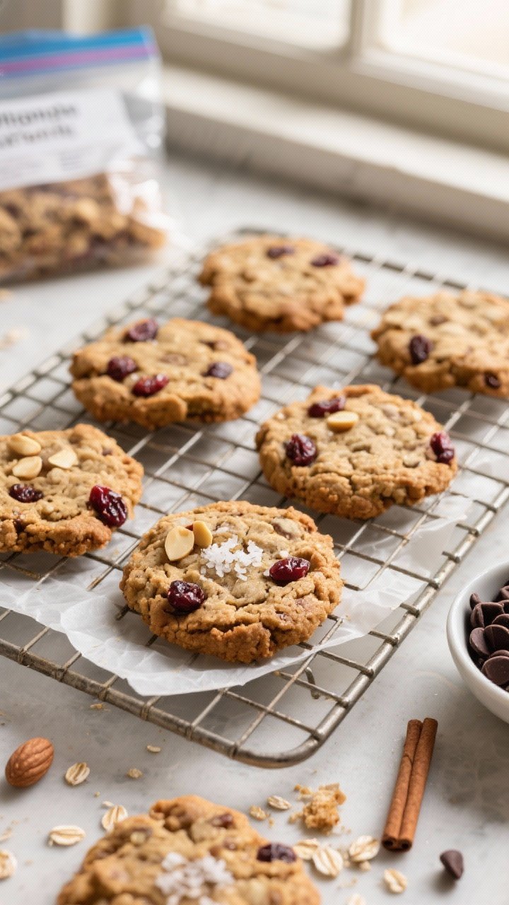 Tasty top view: Overhead shot of a cooling rack filled with baked breakfast cookies—chewy oat nubs