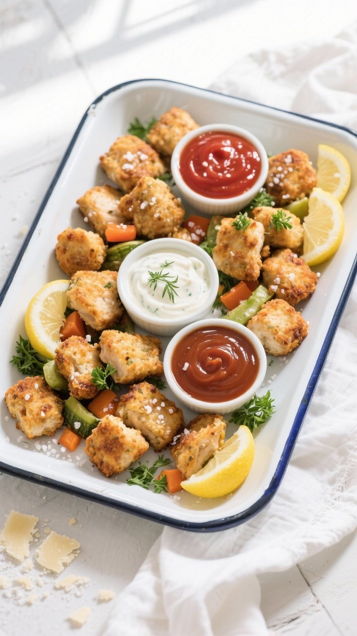 Tasty top view: Overhead shot of a family-style platter of baked chicken & veggie nuggets arranged i
