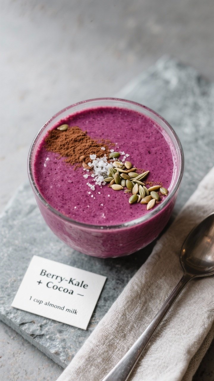 Tasty top view: Overhead shot of a finished “Berry-Kale Cocoa” smoothie, deep magenta-purple hue