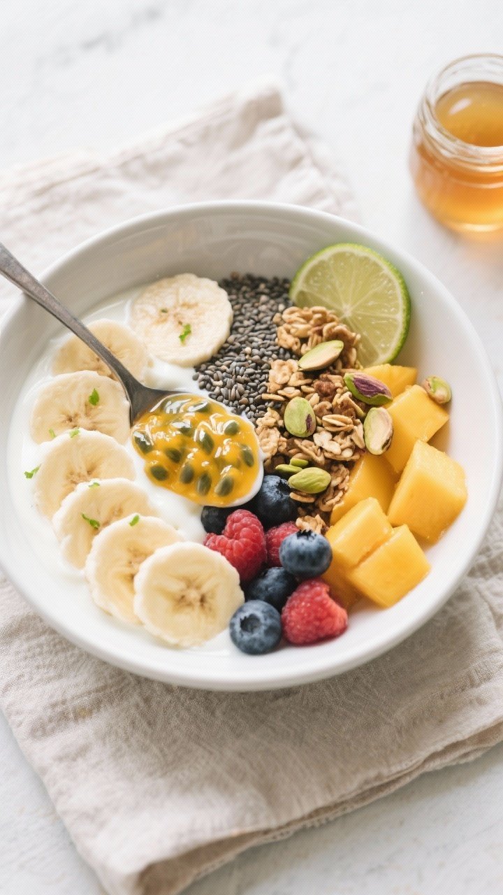 Tasty top view: Overhead shot of a finished Passion Fruit Yogurt Bowl in a matte white bowl—thick