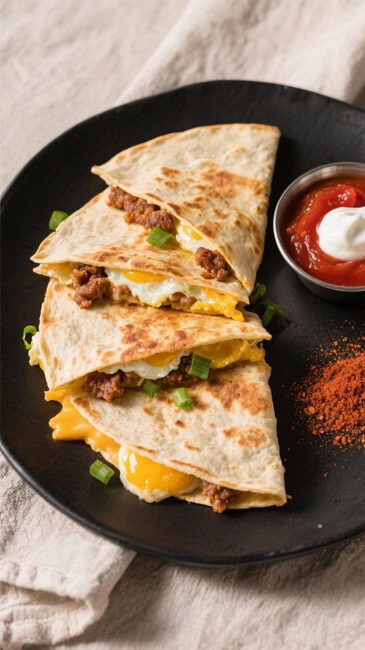 Tasty top view: Overhead shot of a freshly sliced breakfast quesadilla arranged in neat wedges on a 