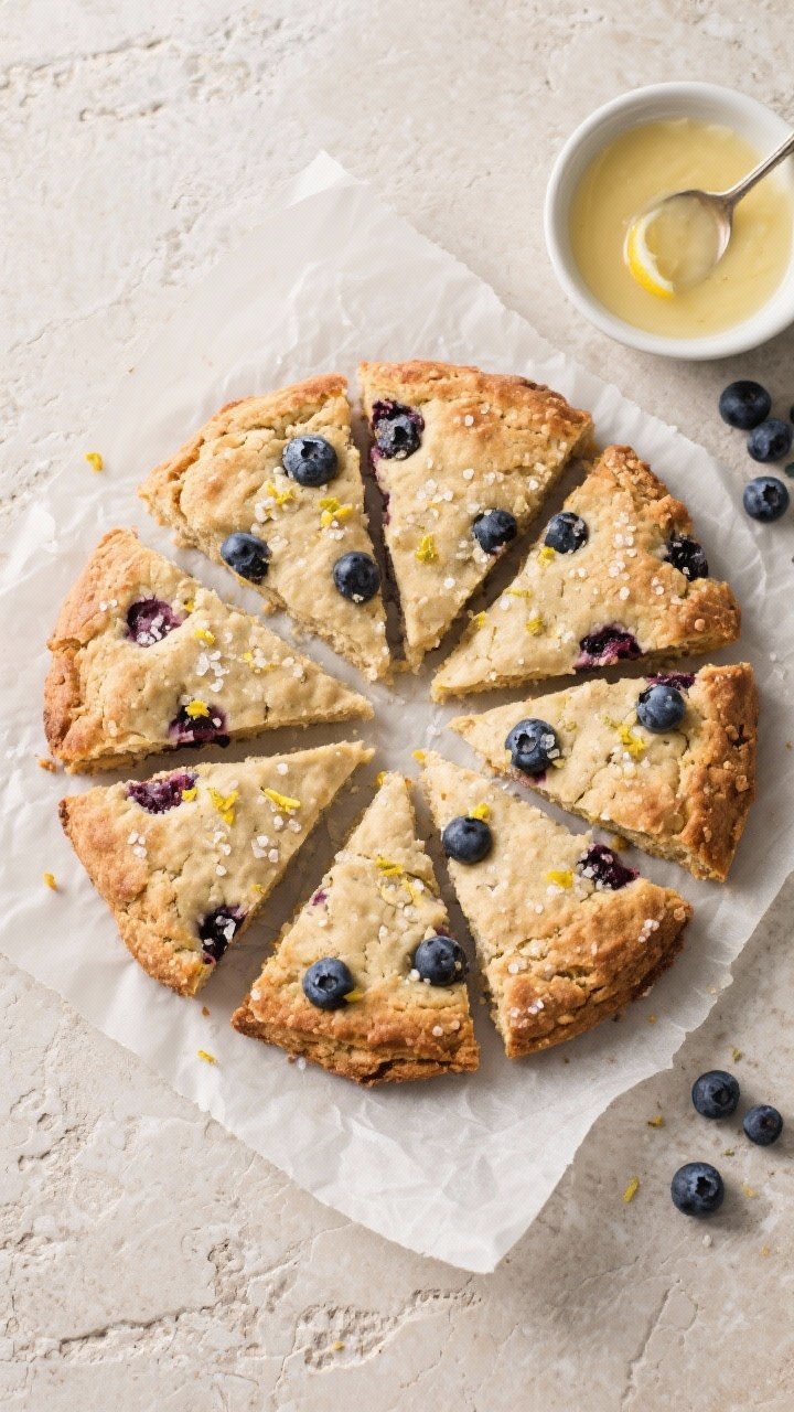 Tasty top view: Overhead shot of a full 8-wedge round of almond flour blueberry scones separated sli