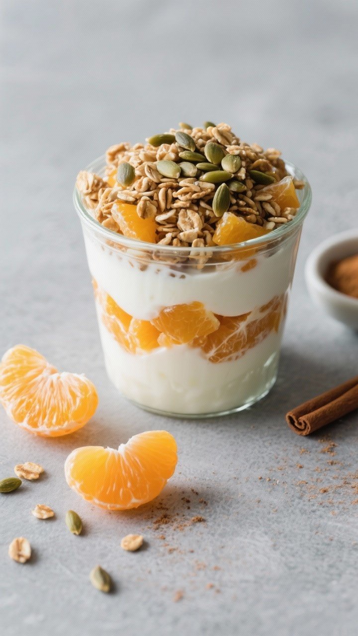 Tasty top view: Overhead shot of a fully assembled Tangelo Yogurt Cup layered in a clear glass—yog