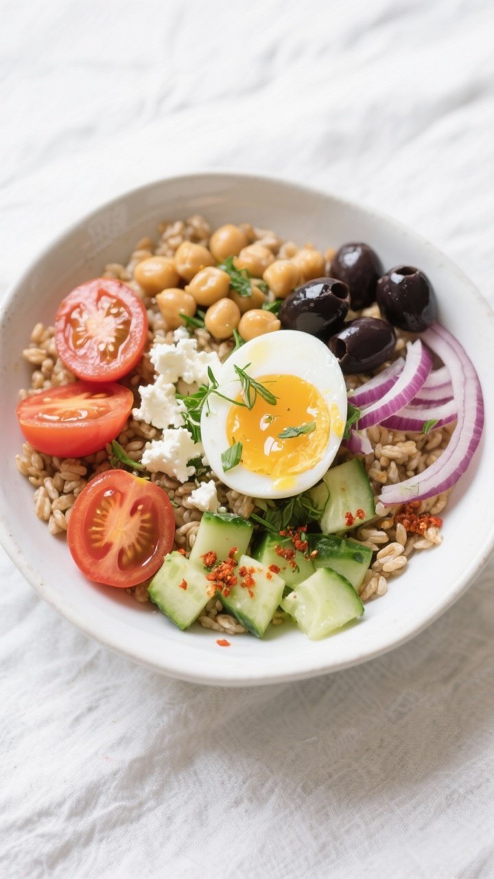 Tasty top view: Overhead shot of a fully assembled Mediterranean savory breakfast bowl—fluffy farr