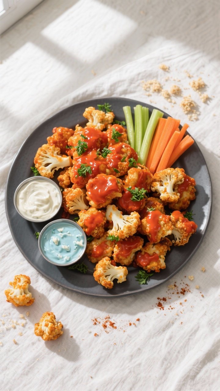 Tasty top view: Overhead shot of a game-day platter piled with Cauliflower Buffalo Bites, vibrant or
