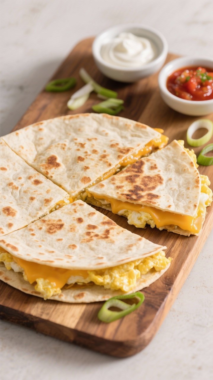 Tasty top view: Overhead shot of a just-rested breakfast quesadilla cut into neat wedges on a wooden