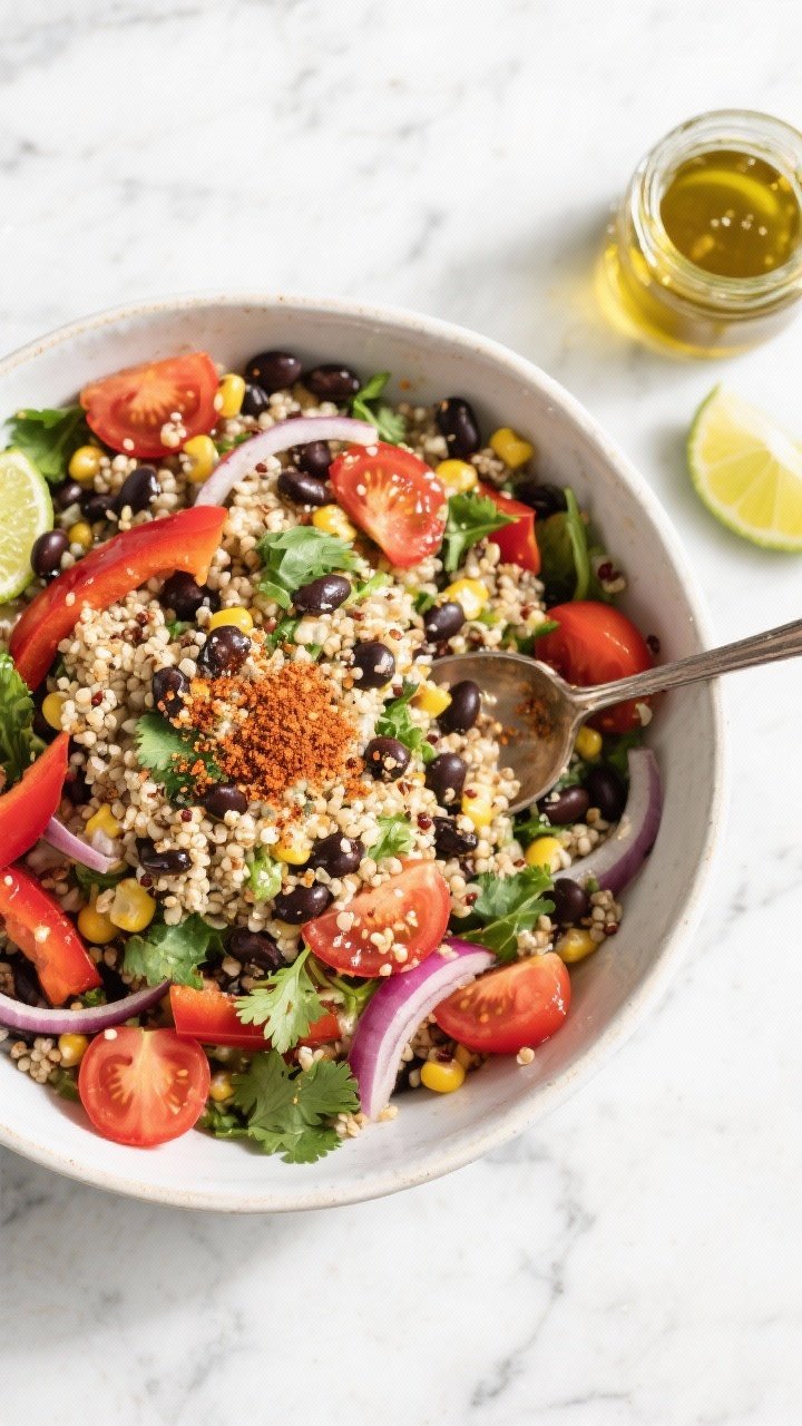 Tasty top view: Overhead shot of a large mixing bowl of the fully dressed salad, showing even distri