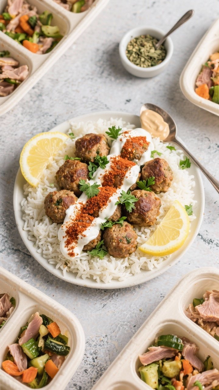 Tasty top-view: Overhead shot of a meal-prep spread—turkey & veggie meatballs arranged over fluffy