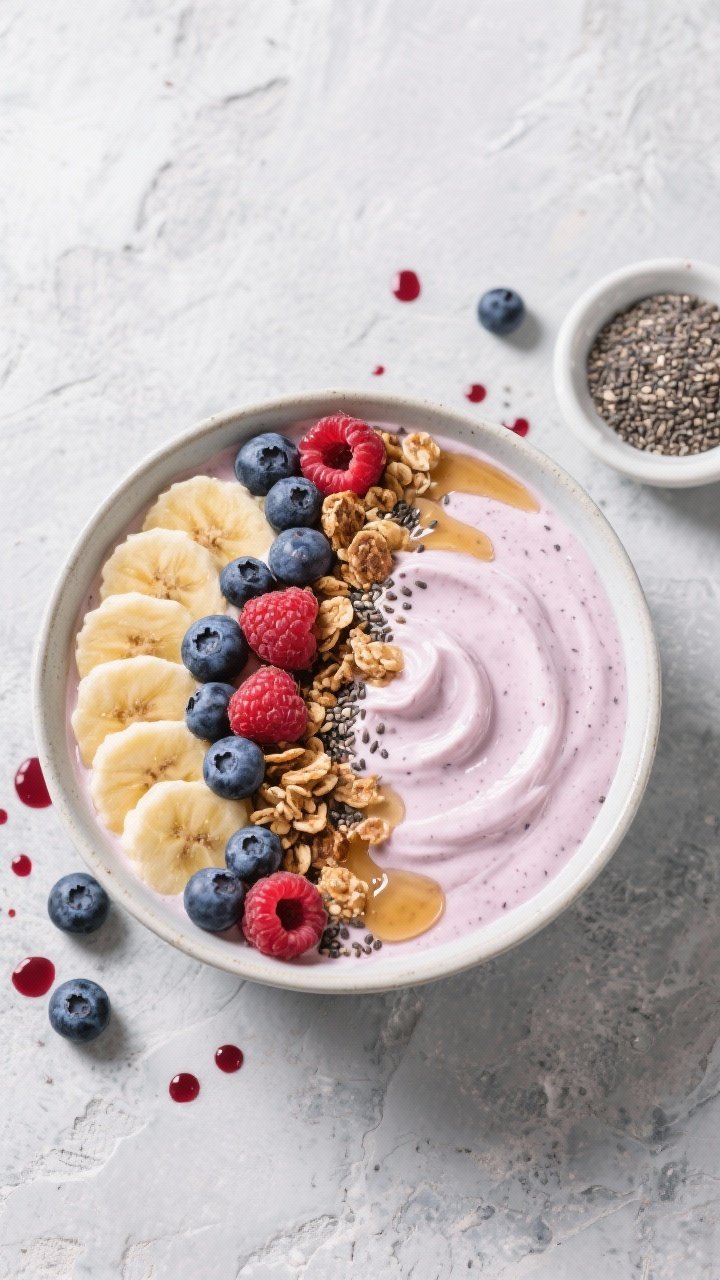 Tasty top view: Overhead shot of a Mixed Berry Yogurt Smoothie Bowl finished with precise rows of sl
