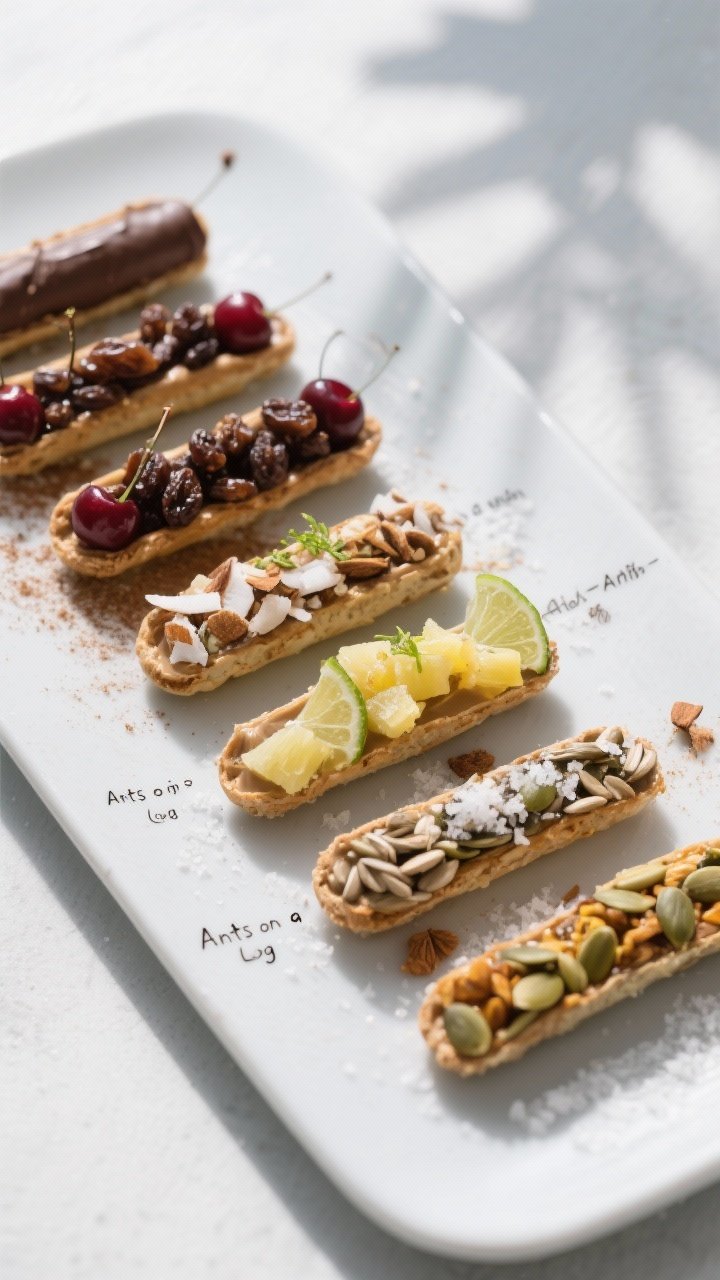 Tasty top view: Overhead shot of a mixed platter of “Ants on a Log” variations arranged in neat 