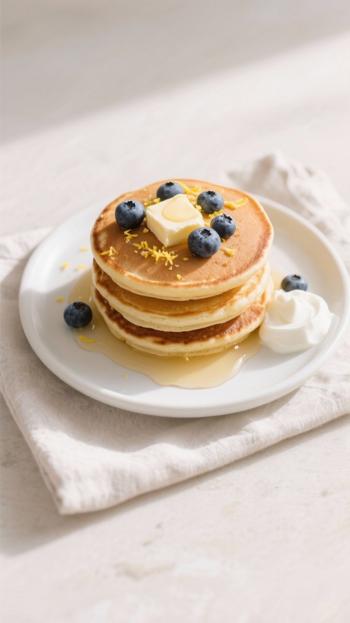 Tasty top view: Overhead shot of a neat stack of Greek Yogurt Protein Pancakes (three 4-inch pancake