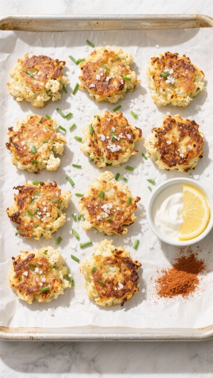Tasty top view: Overhead shot of a parchment-lined sheet pan with freshly cooked cauliflower hash br