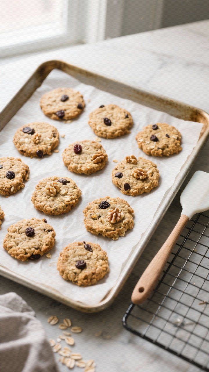 Tasty top view: Overhead shot of a parchment-lined baking sheet filled with evenly shaped oatmeal br