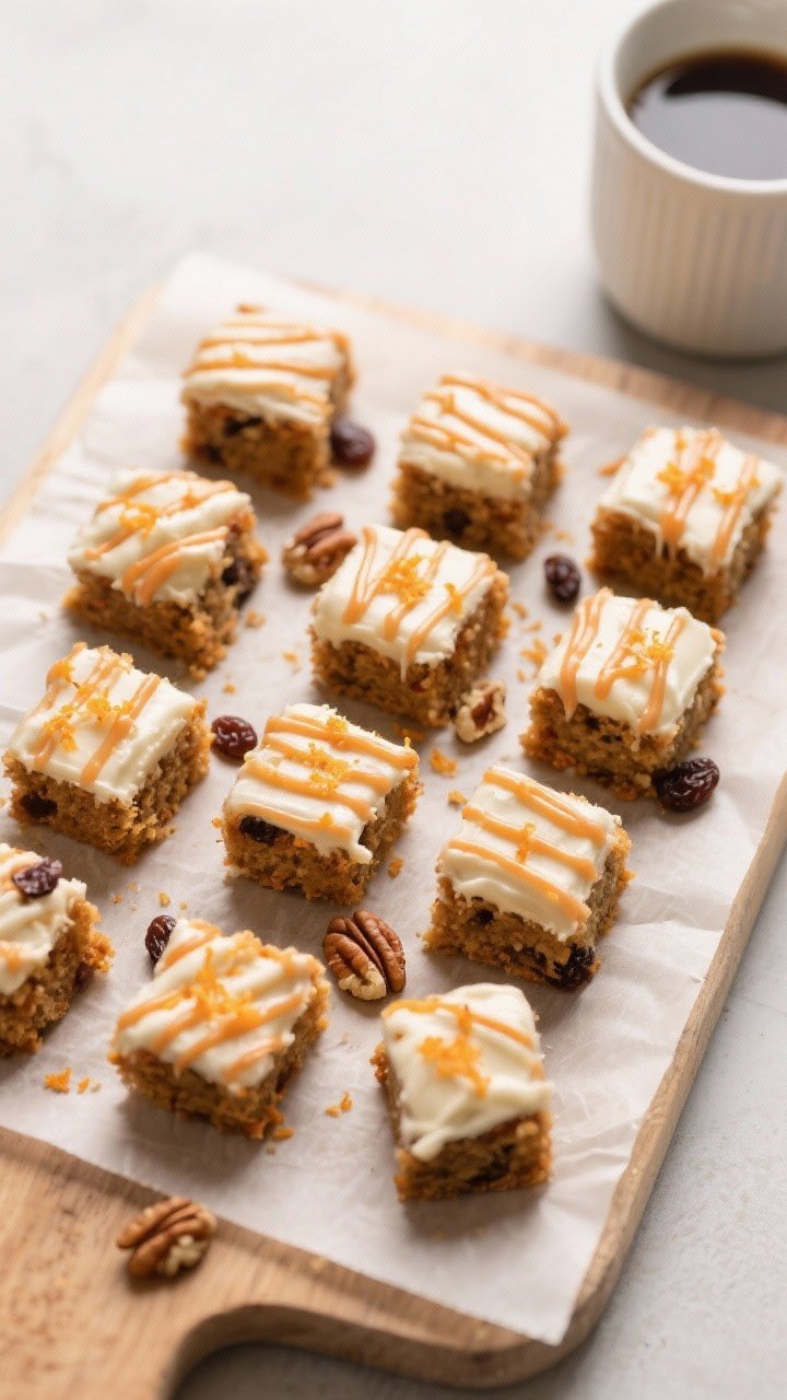 Tasty top view: Overhead shot of a parchment-lined board filled with bite-sized Barley Carrot Cake B