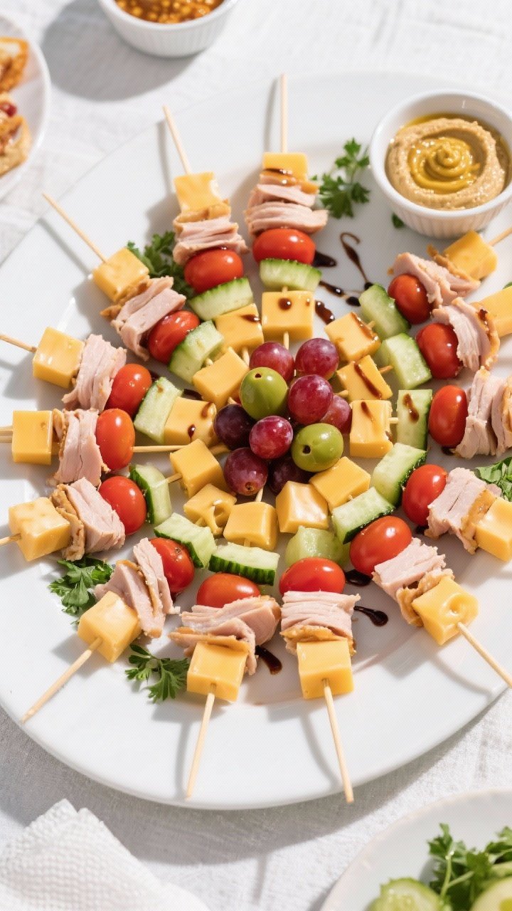 Tasty top view: Overhead shot of a party platter of assembled Turkey & Cheese Kabobs arranged in a n