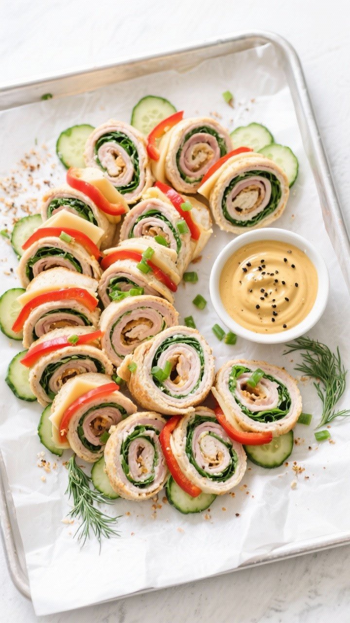 Tasty top view: Overhead shot of a party-ready platter of turkey & cheese pinwheel sandwiches arrang